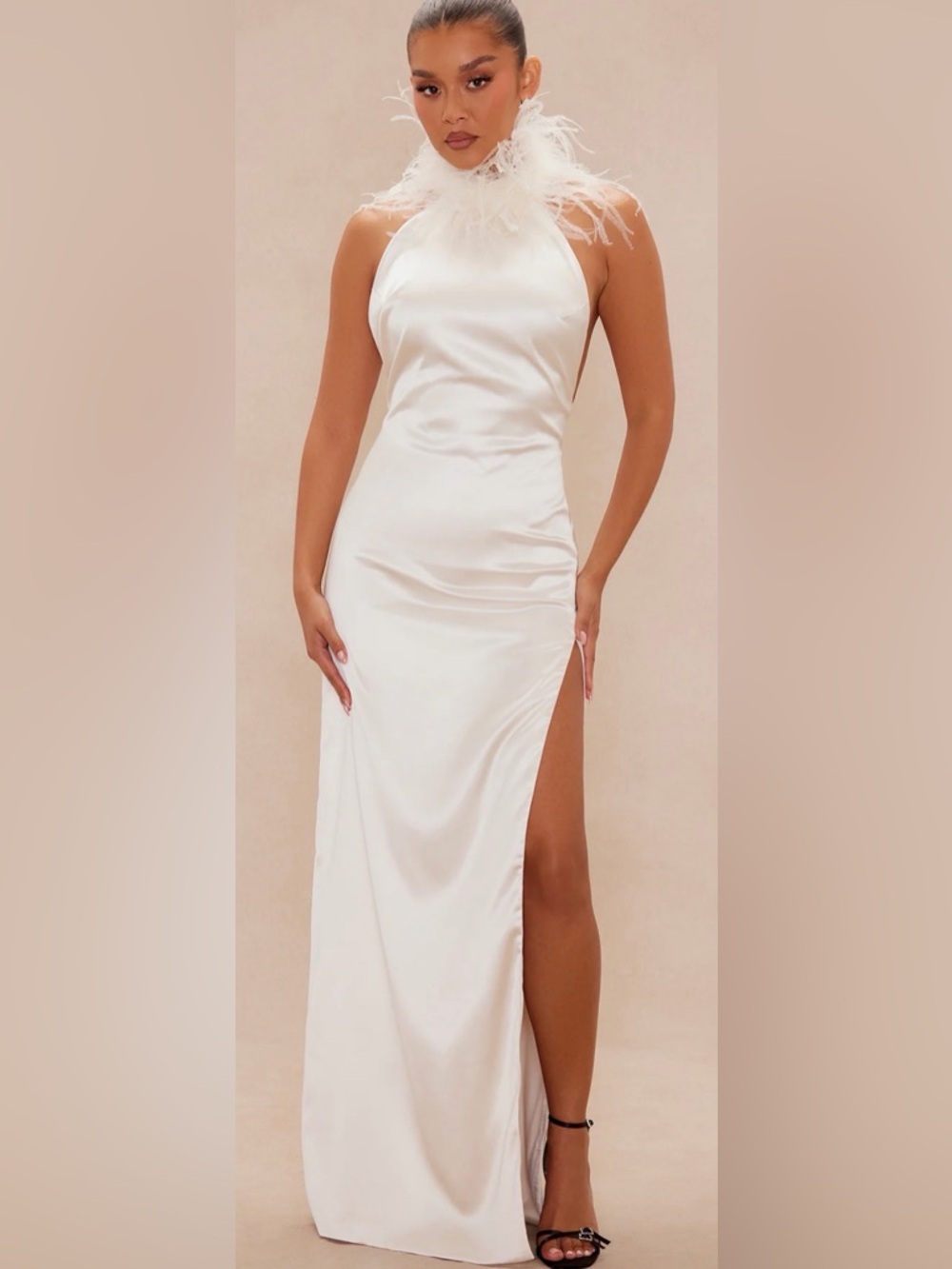 Elegant White Feather-Trim Satin Halter Dress